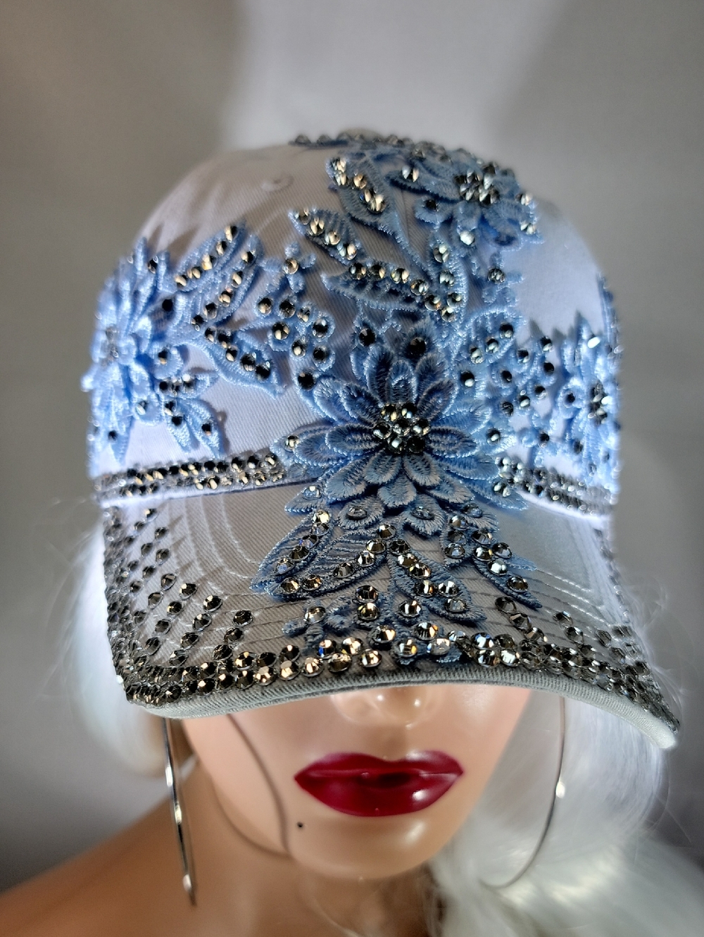 Crystal-Embellished Light Blue Floral Baseball Cap